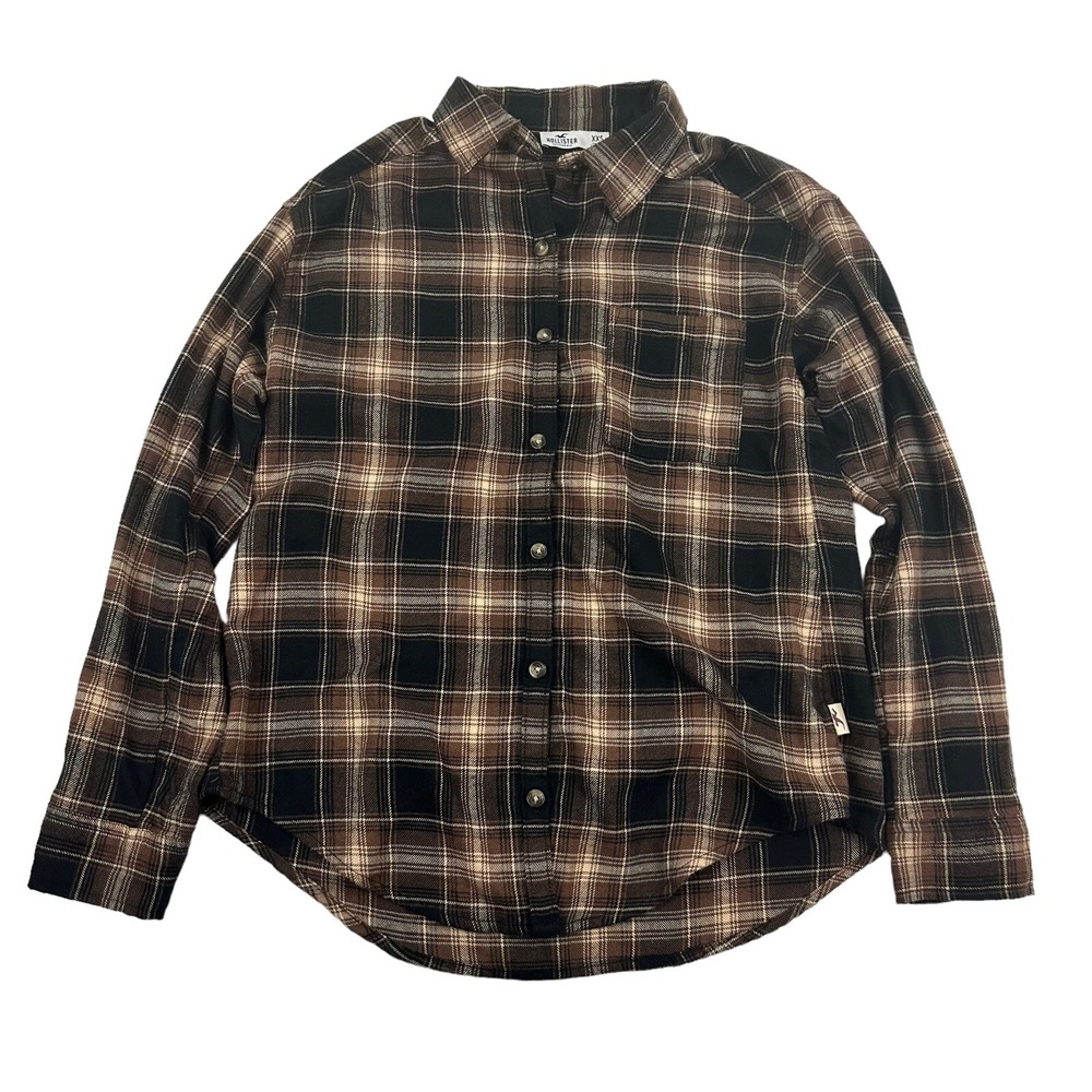 Hollister Sz XXS Brown Plaid Button Down Shirt Soft Flannel Long Sleeve Viscose